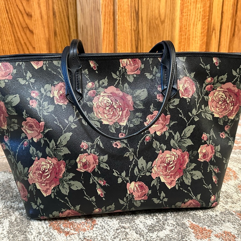 Lauren Ralph Lauren Rosebery Tote Synthetic Black Floral Print 19”x13” - Picture 2 of 9